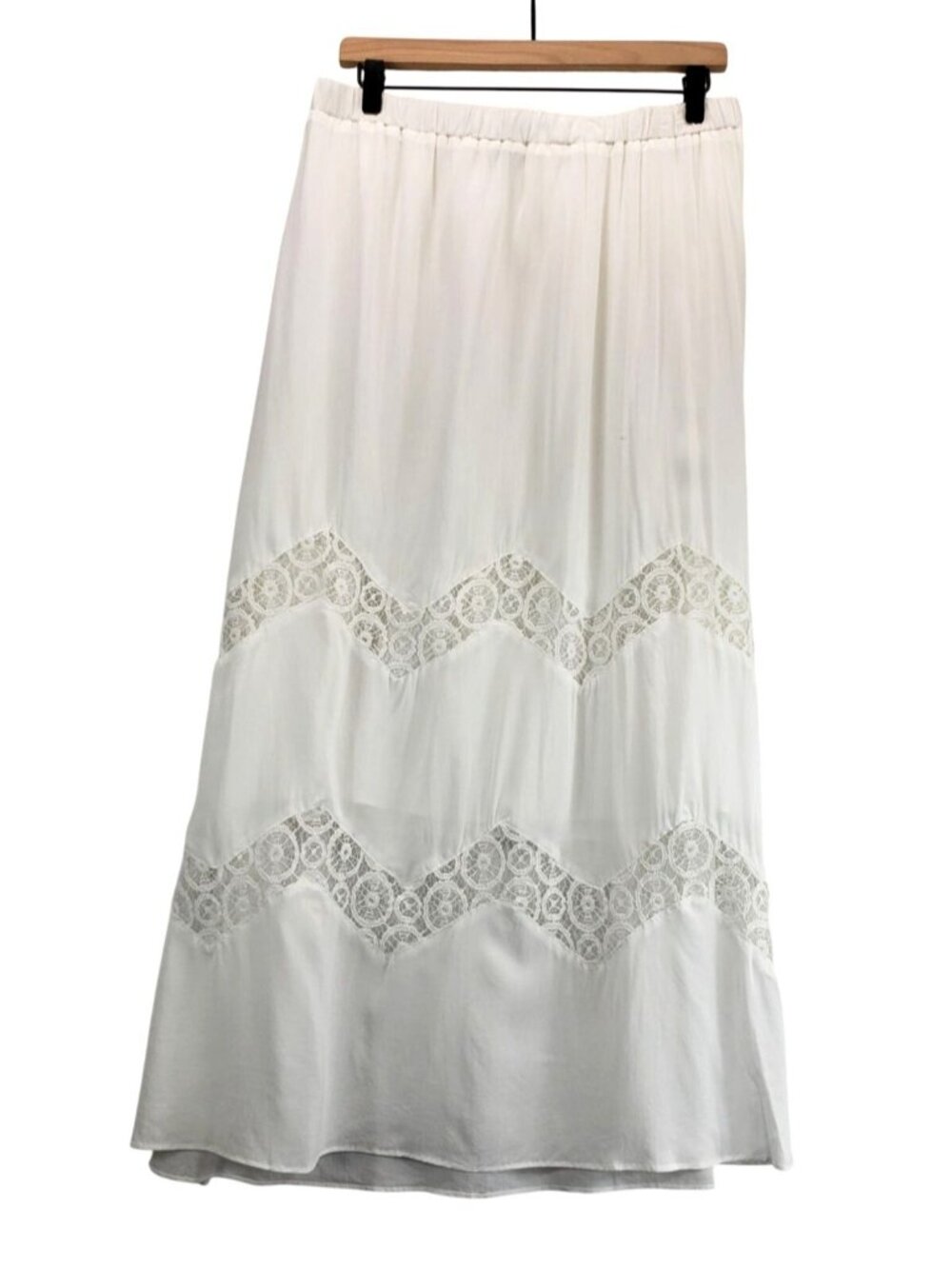 White Maxi Skirt L Tribella Lace Chevron Inserts Lined Boho Peasant Cottagecore